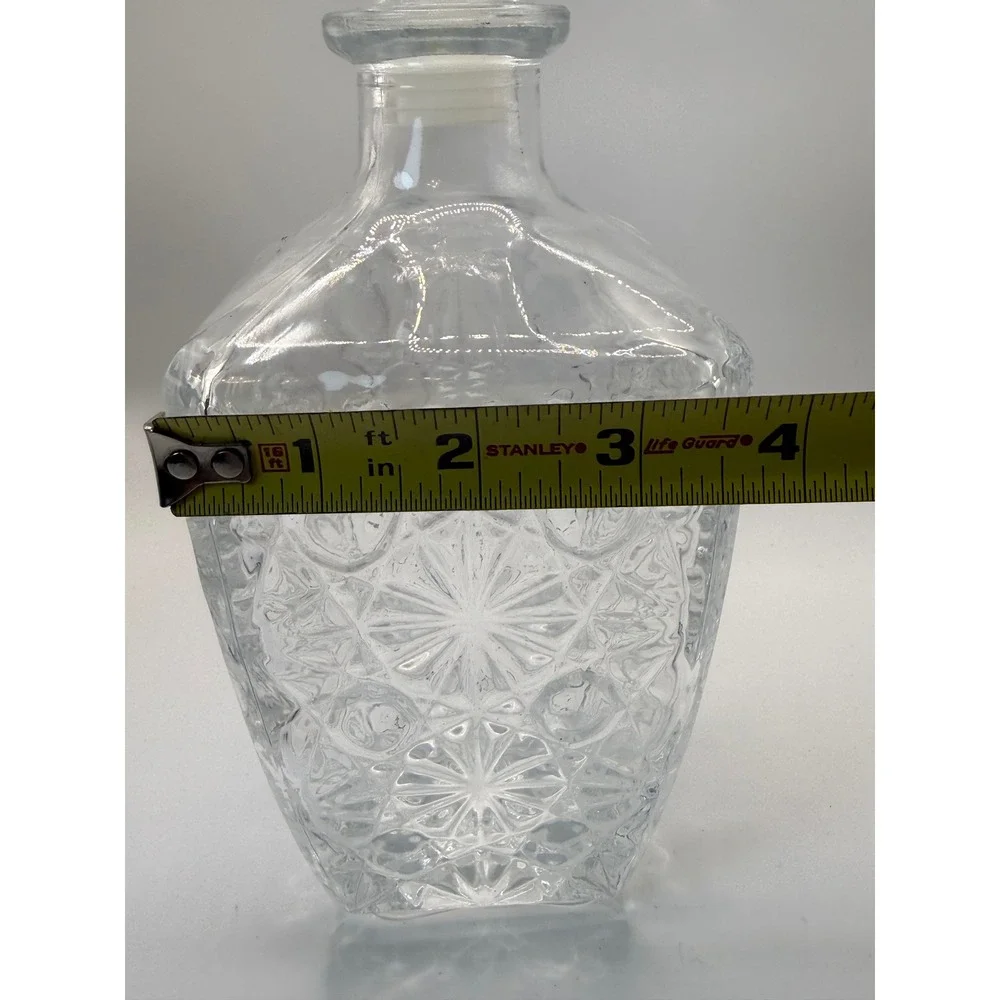 Vintage Clear Glass Square Liquor Decanter with Starburst Diamond Cut Pattern